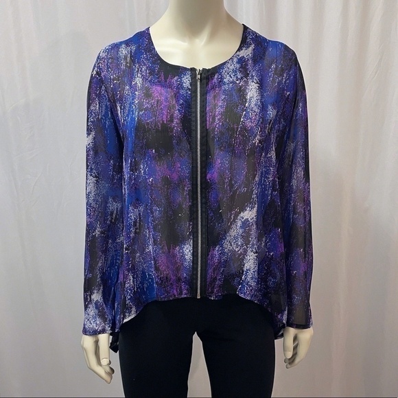MXM Tops - Flowy, Long Sleeve Semi-Sheer Blouse w Silver Zipper Size 16, Purple